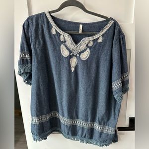 Aire Blue embroidered boho fringe blue shirt size XXXL